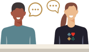 Cartoon image of two people with word bubbles.