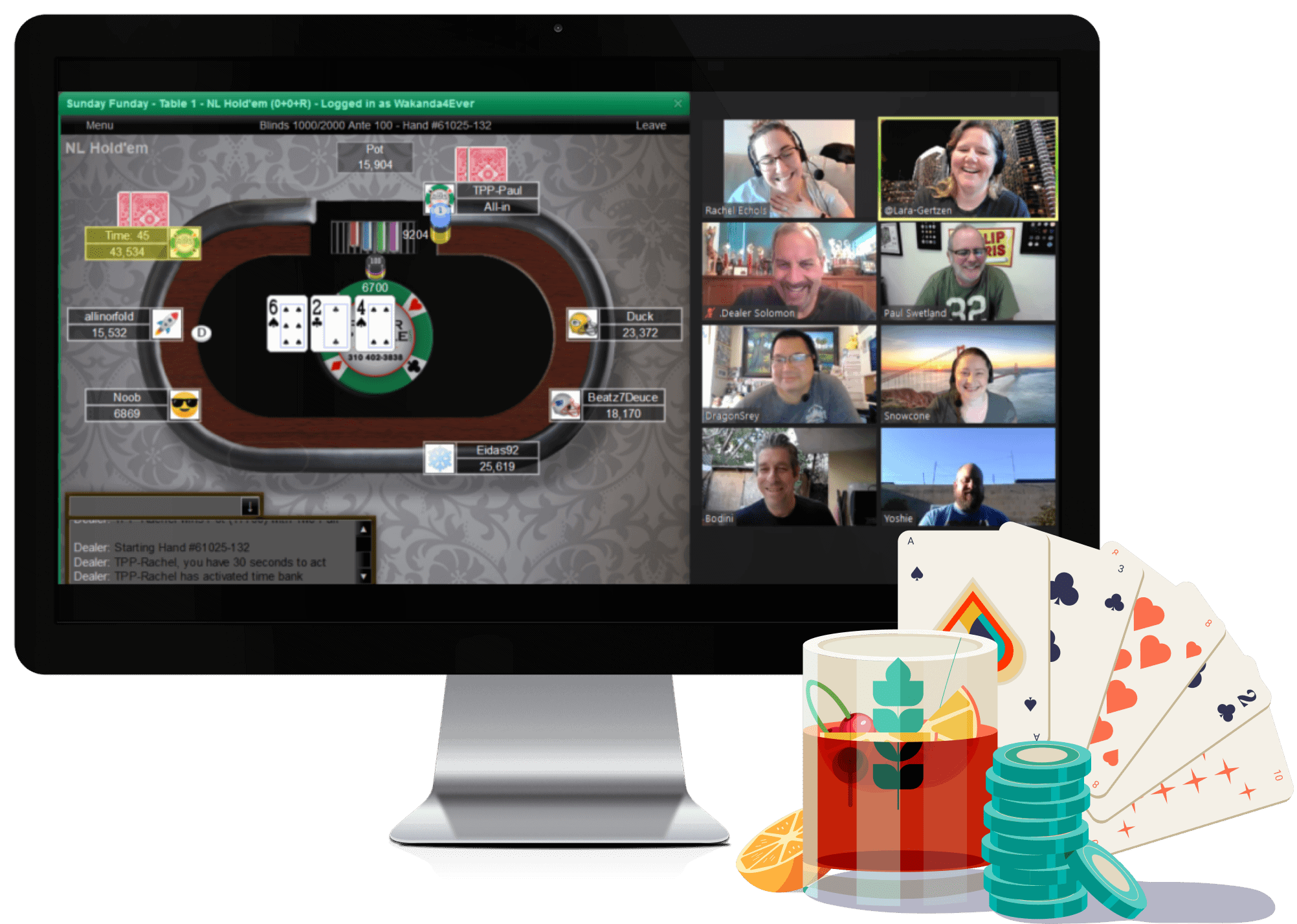 Virtual poker screen and Zoom screen side by side.