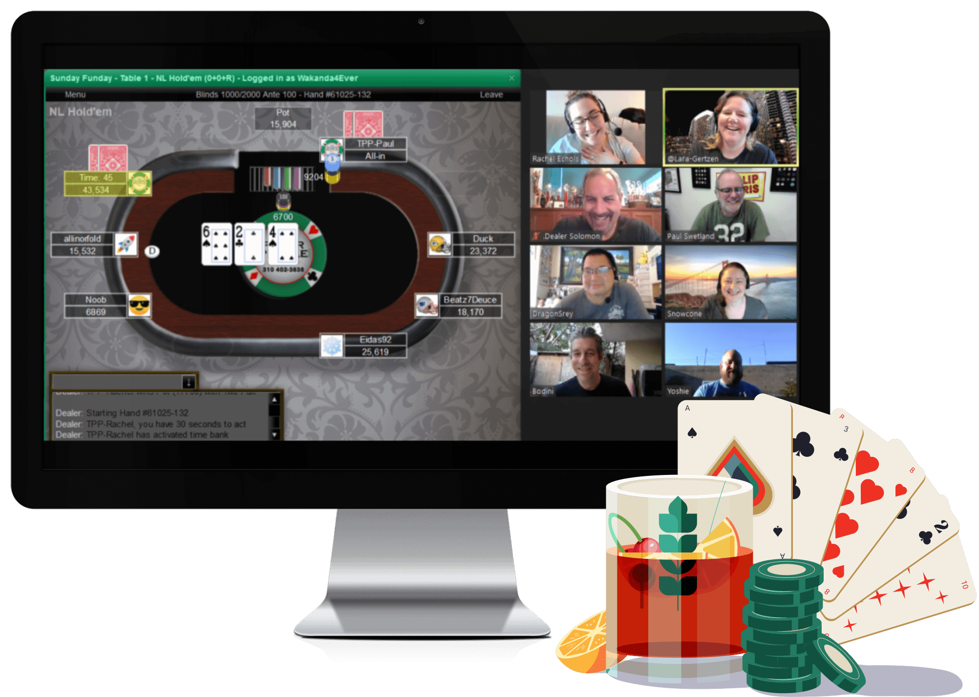 Virtual team event poker with people and dealer on a computer.