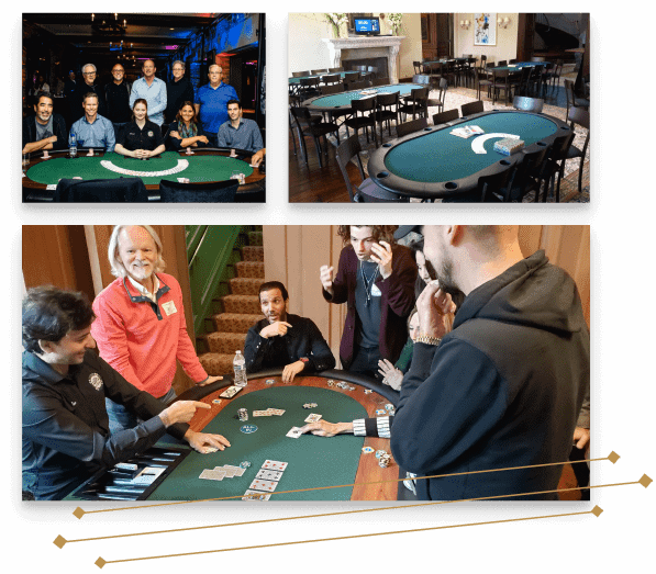Three images - a group of poker players in a group picture behind the poker table, two empty poker tables in a room, and a poker dealer pointing at the winner while other players react.