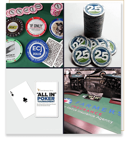Four images - custom dealer buttons, custom card protectors, custom cards, and a custom table felt.