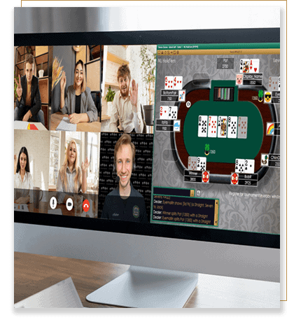 Computer screen with an image of people on Zoom on the left and a virtual poker game on the right.