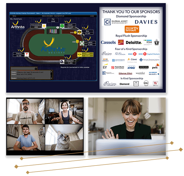 Three images - a virtual poker table with a customized lobby, a grid of three people and a cat on Zoom, and a woman waving at her laptop.