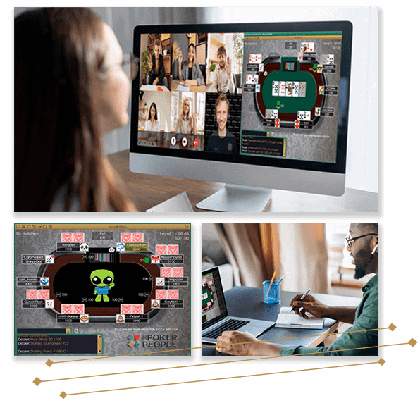 Three images - a woman looking at players at virtual poker table and other players on Zoom, a virtual poker table in action, and a man playing poker online.