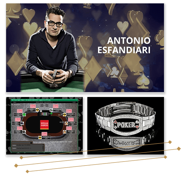 Three images - Antonio Esfandiari sitting at a poker table, a virtual table in action, and a fancy poker bracelet.