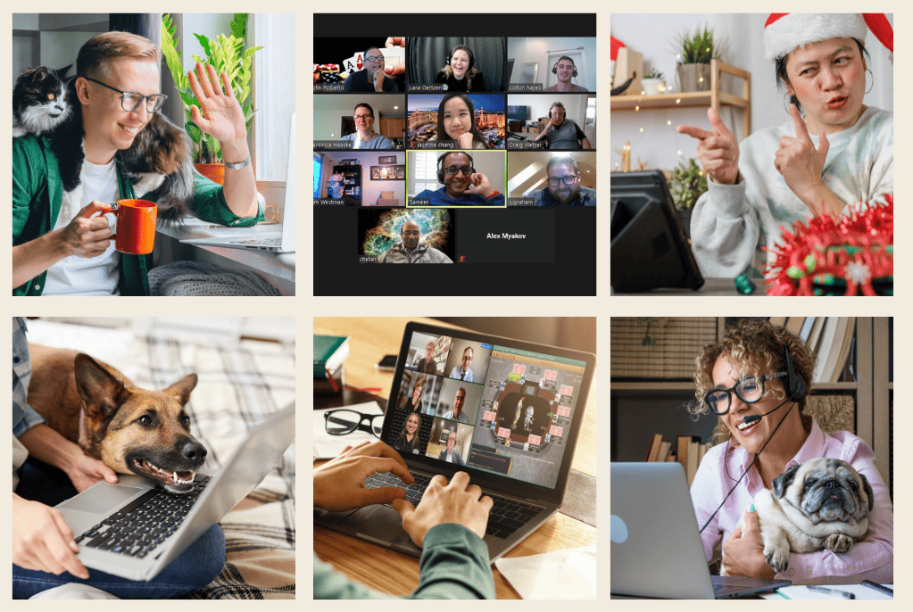 Six different people all playing a virtual team building game and having fun