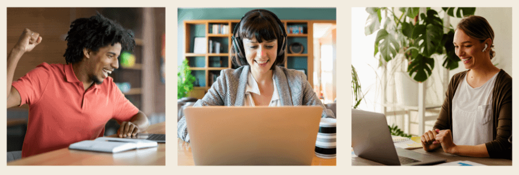 Three remote workers playing a virtual team building game