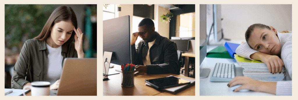 Three office workers looking sad at their computers