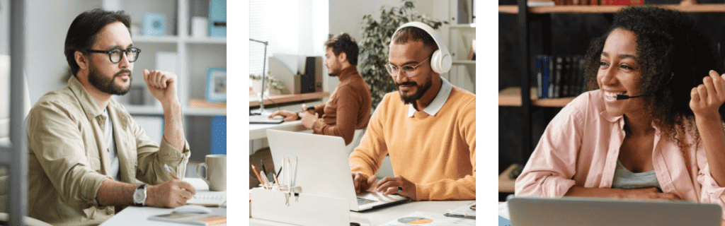 A man with glasses looking at his computer.  A man in headphones using his laptop.  A smiling woman on a conference call. 