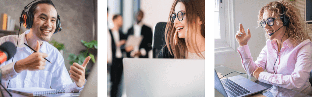 images of a man with headphones, a woman with glasses and another woman on a headset. 