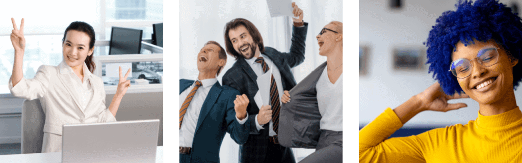 A woman at her desk showing the peace sign.  Three happy office workers dancing. A smiling woman in a yellow sweater. 