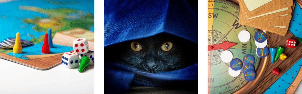 Two images of game pieces like dice and cads.  one image of a grey cat looking out from under a blue blanket. 