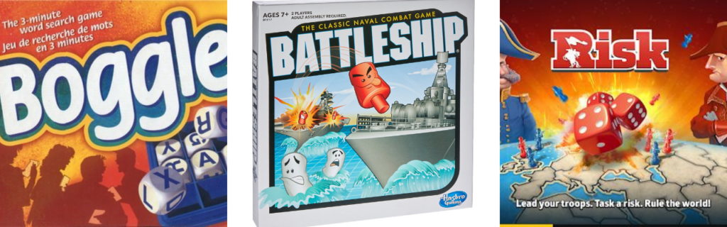 three board game titles including boggle, battleship, and risk. These games are great games for online team building with co workers