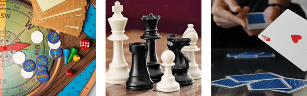 Three images on strategy games.  chess, poker, cards