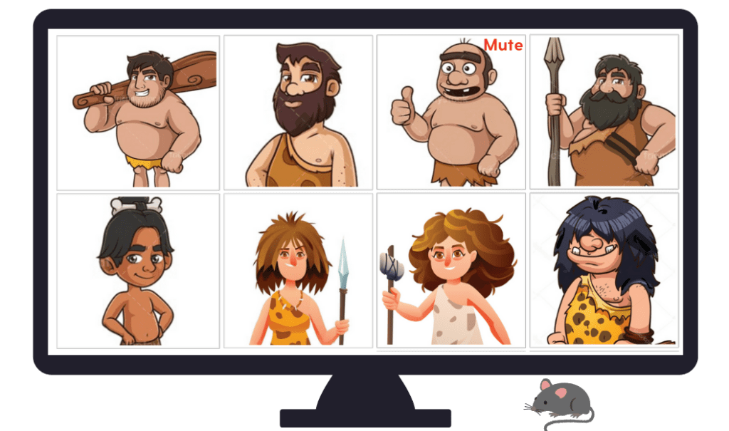 cartoon grid of cavemen on a Zoom screen. Having a team building meeting. 