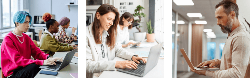 Three images of different age workers participating in an online strategy game via their laptops