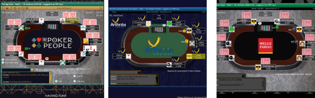 Three images of virtual poker tables used during corporate team building activities 