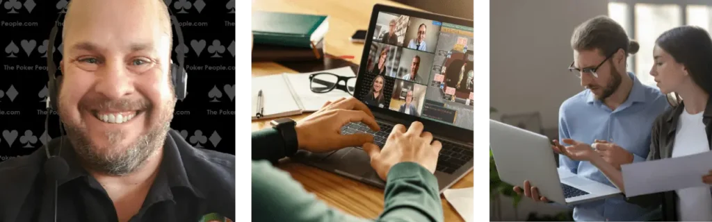 there images about online team building.  one is a professional host, one is a persons hands playing online game and the third is of two people looking at their computer to plan an online activity for their mid sized team.