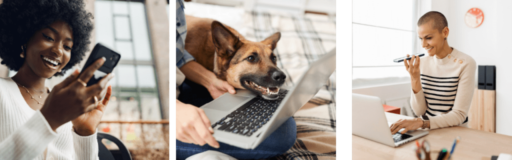 Three images.  A smiling woman looking at her phone, a German Shephard dog looking at his owners laptop, and a woman with a very short haircut sitting at her desk on her phone and laughing.  These people are engaged in a team building activity on their phones. 