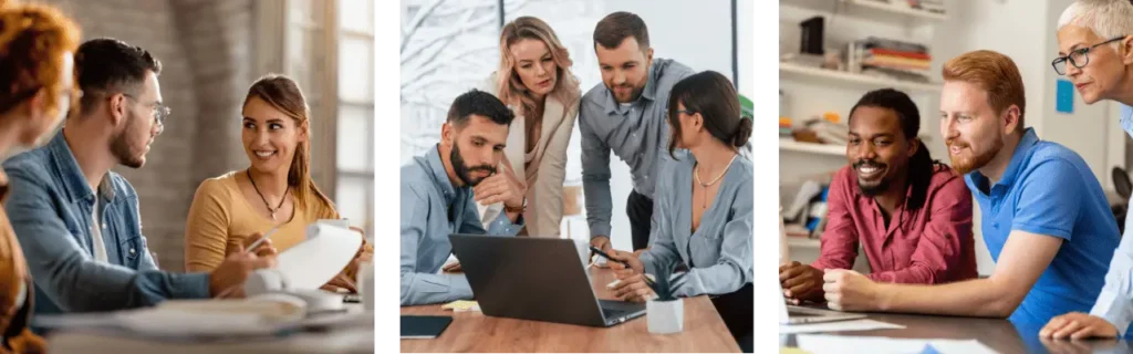 images of three groups of people looking at their computers and smiling.   