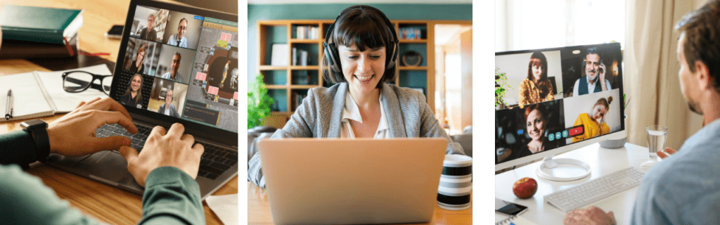 Three images of laptop computers.  One is hands on a keyboard.  One is a smiling woman facing her screen wearing a headset and the third is an over the should view of a man looking at a Zoom grid.  These people are playing a corporate team building activity. 