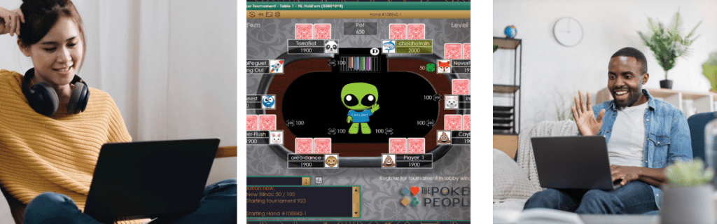 Three images of people playing an online team building poker game with their small group.  A woman in a yellow sweater, a computer screen, and a man waving. 