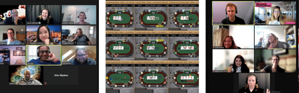 Two full Zoom screens of poker players starting a virtual team building poker activity.  
