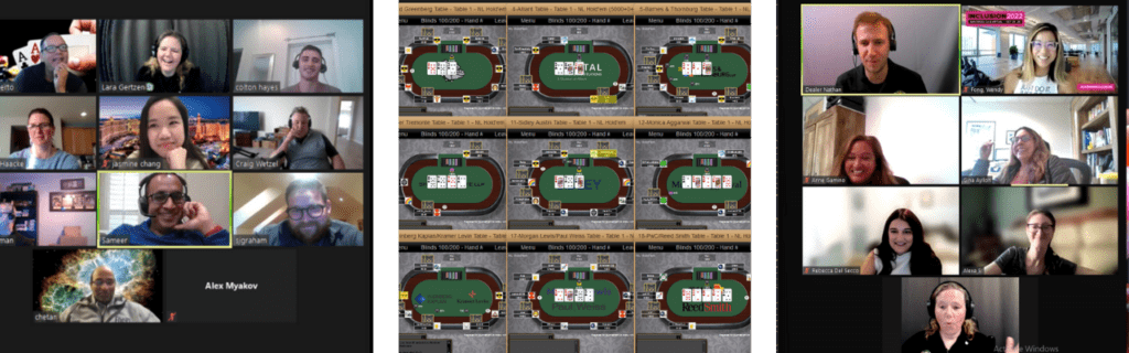 Three images of virtual team building poker games.  Two are Zoom screens full of players and one is the poker table in action. 