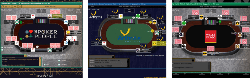three virtual poker tables in use for an online charity poker tournament