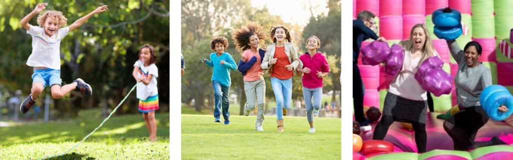 Three images to show activities at different ages.  Children playing jump rope.  Teens running in a park, and adults at a team building event. 