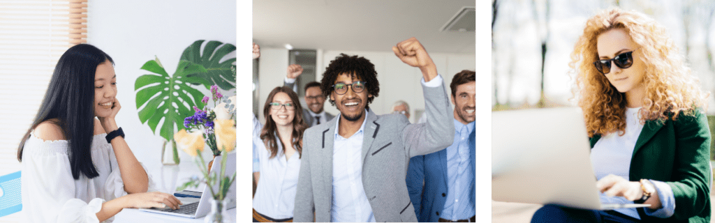 Three images of happy employees because they played Zoom virtual team building games. 