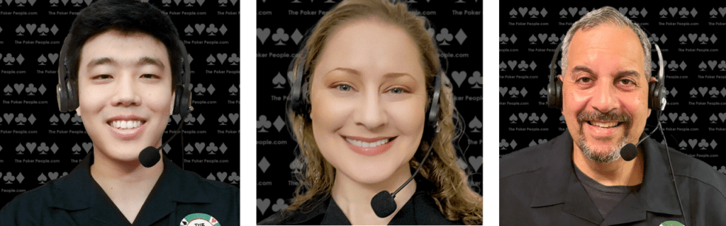 Three images of of poker dealers with headsets that run online team building games.  A young smiling man, a woman with blonde hair, and a man with a beard. 