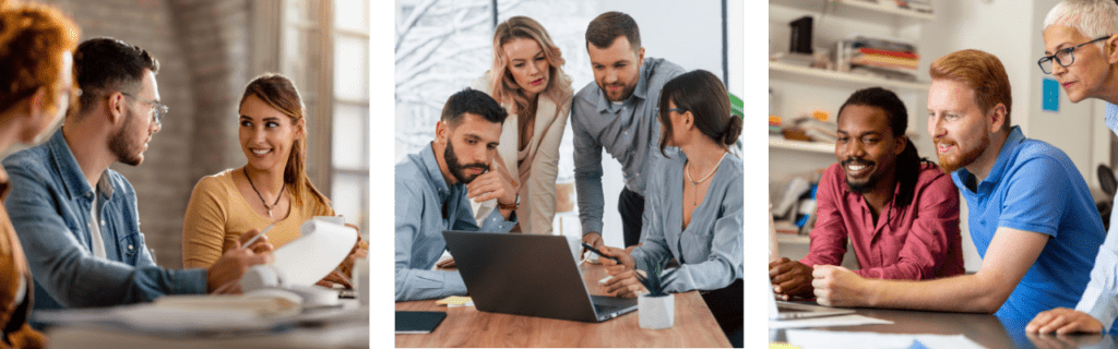 Three images.  Small groups doing team building activities.  Men and women looking at their computer screens. 