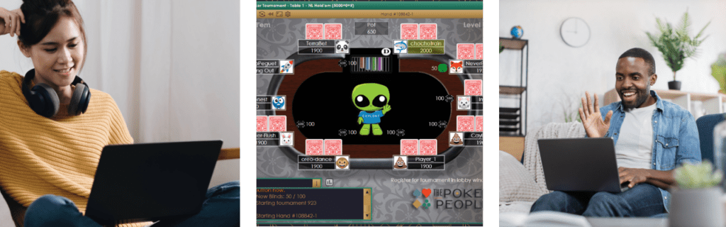 Three images.  One of a woman on her laptop, one of a virtual poker table, and one of a man on his laptop.  All are plying a virtual team building game