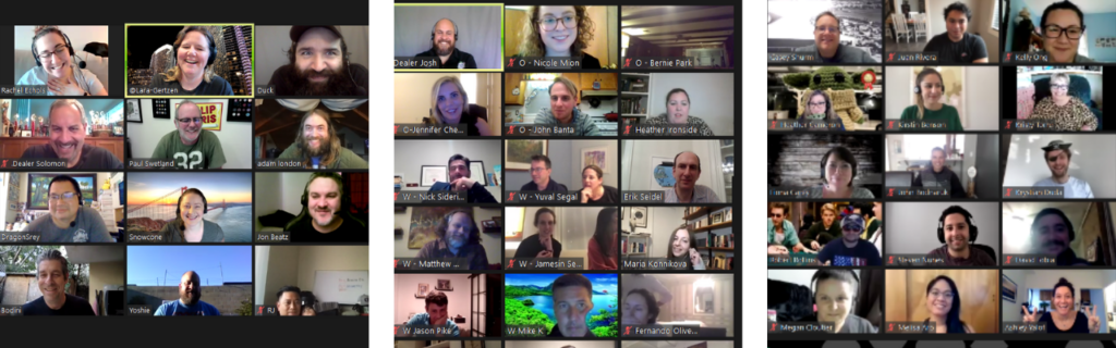 three images of video calls with large groups of people ready to play a game