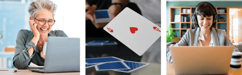 three images. Two are women looking at their respective computers and smiling.  The third is a playing card, ace of hearts, 