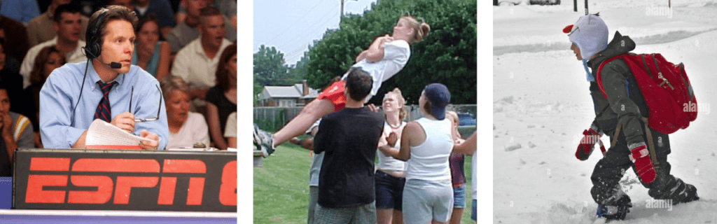 Three images of people relating to the story of team building. 