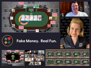 collage of images. A virtual poker table, a woman with a headset who is the dealer, and several players on a Zoom screen. They are all playing online poker.