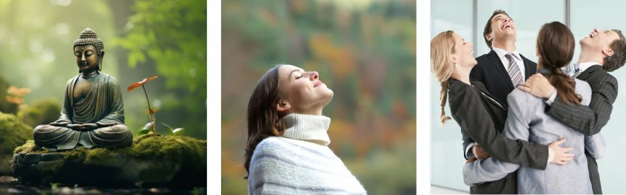 Three images representng fining your why for a company poker night.  A buddha statue, a woman with her eyes closed facing upwards in thought and a group of office workers hugging and smiling. 