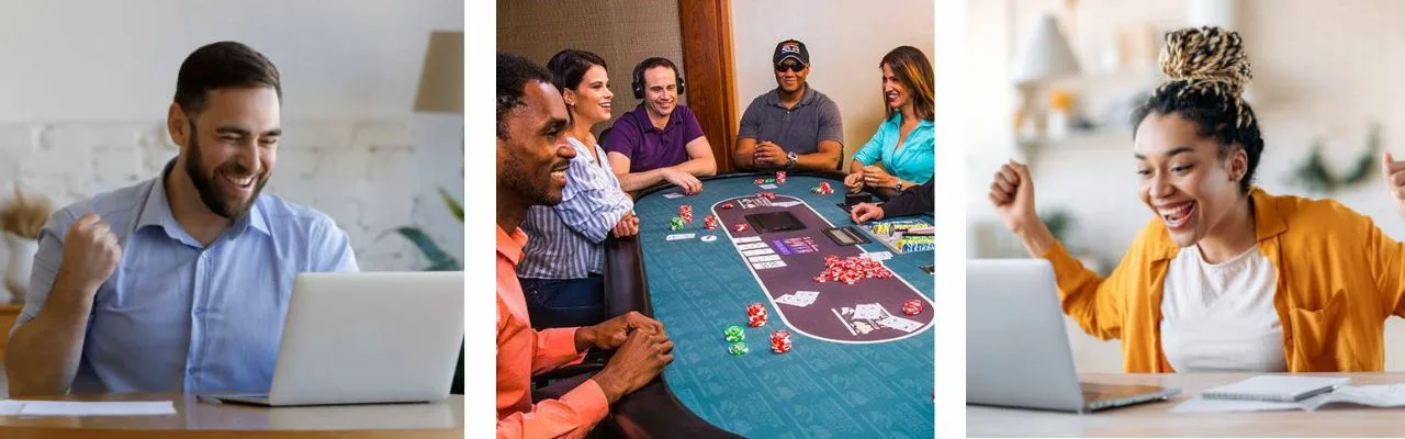 Three images showing happy players at an office poker night.  The first is a man pumping his fist while looking at his laptop, presumably the winner.  The second is a group of players at a poker table enjoying their team building activity choice, and the third is a woman excitedly smiling at her computer screen and cheering.  She is winning at online office poker. 