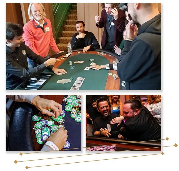 Three images - the top shows players reacting enthusiastically at a team building poker tournament, bottom left is a close up of a player pulling in poker chips, bottom right is two men playfully wrestling at the poker table
