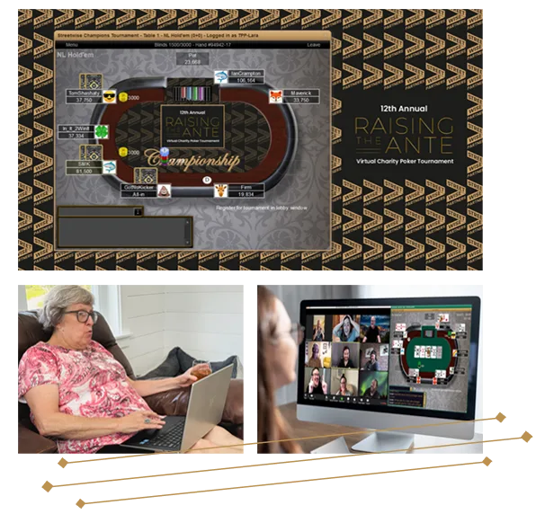 Three Images - Top is a virtual poker table during a fundraising tournament, bottom right is a woman in a pink shirt having a funny reaction to the game she's playing on her laptop, bottom right is a woman looking at her monitor with her zoom meeting on the left and the poker game on the right.